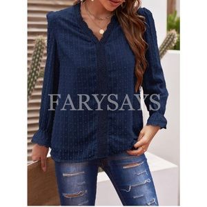 FARYSAYS Womens Long Sleeve Lace Top V Neck Polka Dot Blouses Shirts Flowy Tunic